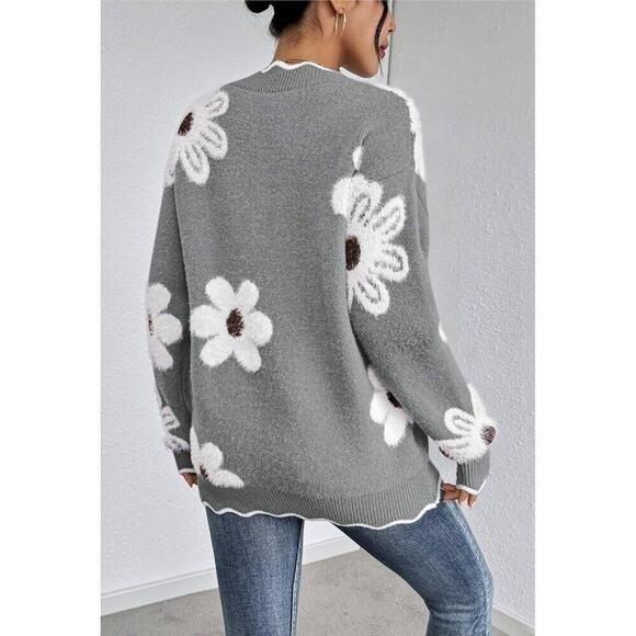 Women's Oversized V Neck Fuzzy Sweaters Grey Loose Long Sleeve Top - Picture 3 of 9